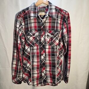 BKE Pearl Snap Shirt Men's Small Slim Fit Red Plaid Long Sleeve Western